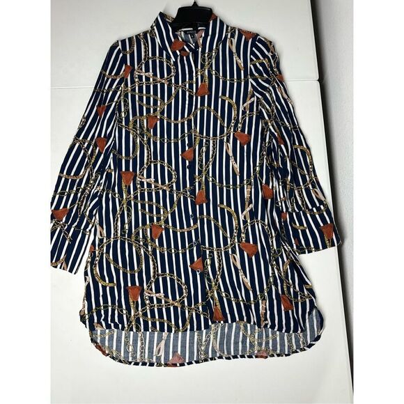Marquis Women’s Blouse Size S Blue Brown Chain Pattern Button Down Long Sleeve - Picture 6 of 14